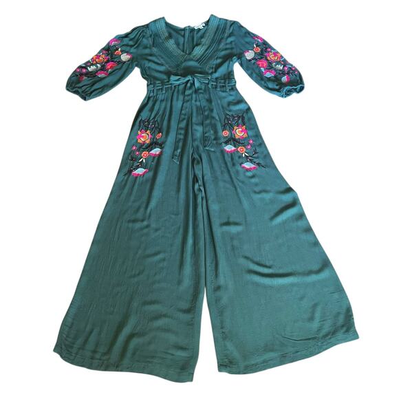 Frock & Frill Dark Green Gauzy Floral Embroidered Jumpsuit Sz 8 Wide Leg Fall - Picture 12 of 14